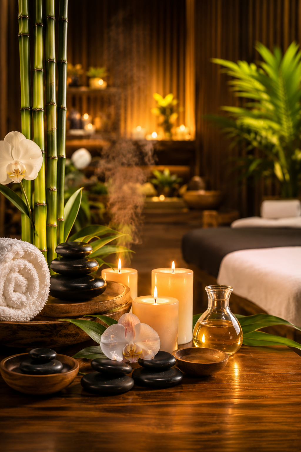 Mobil Vital — entspannende Wellness-Atmosphäre mit Aromaölen und Kerzen